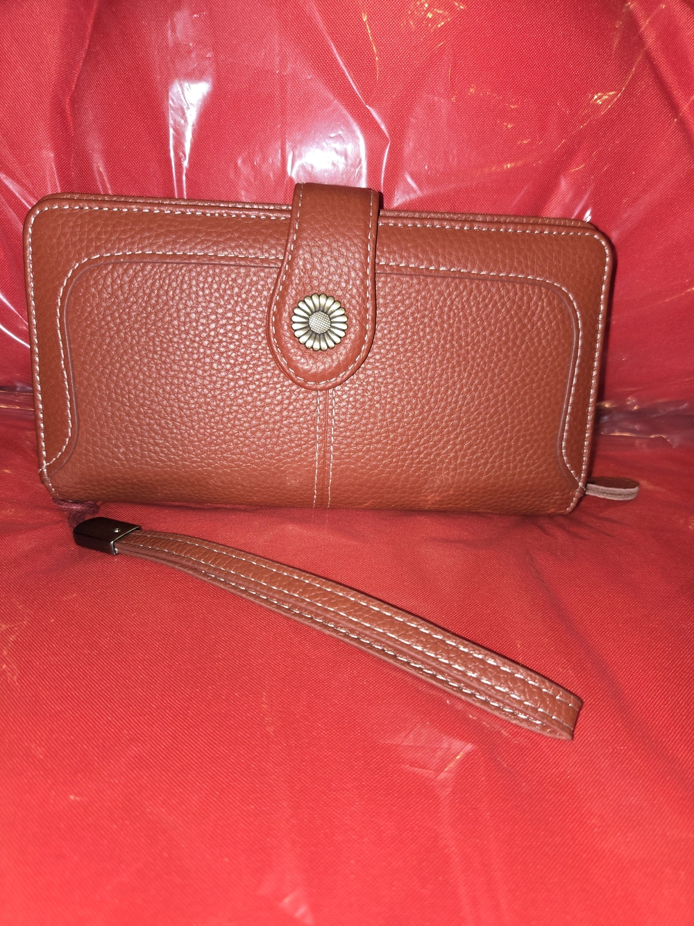 Brick Red Leather Wristlet Wallet with Floral Snap. EUC